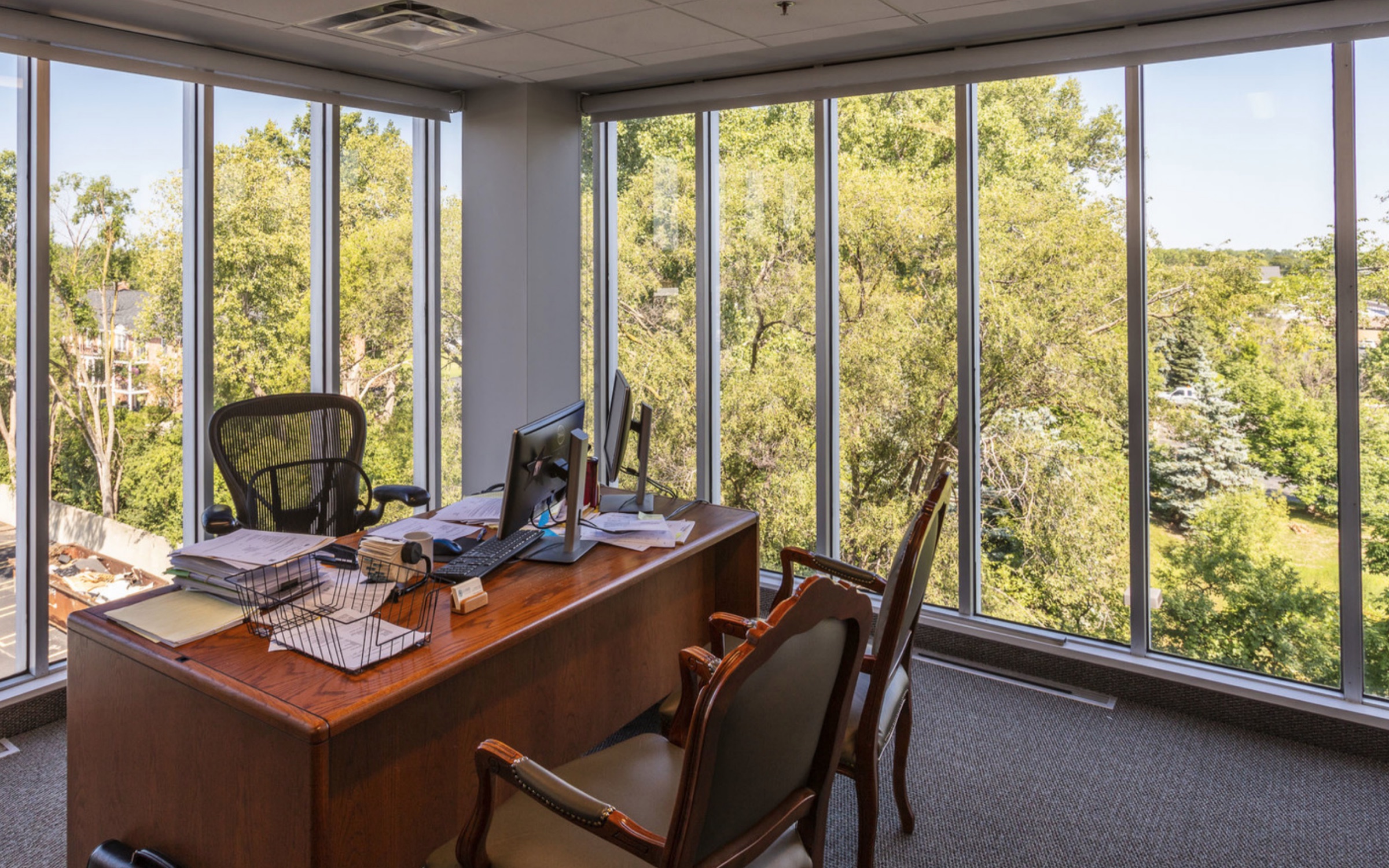 Corner office at 30555 Southfield with floor-to-ceiling glass overlooking treetops